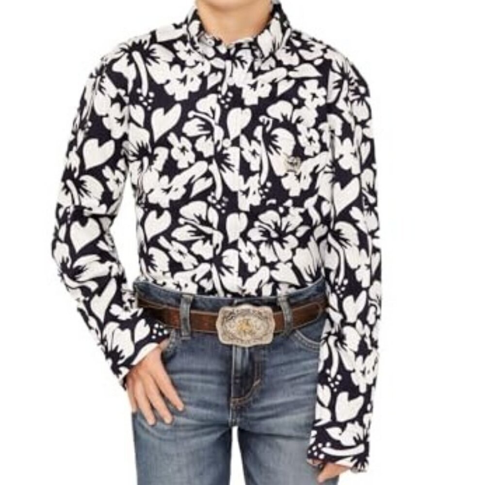 Cinch Boy's Long Sleeve Vintage On Island Time Hawaiian Print Button Shirt Navy/